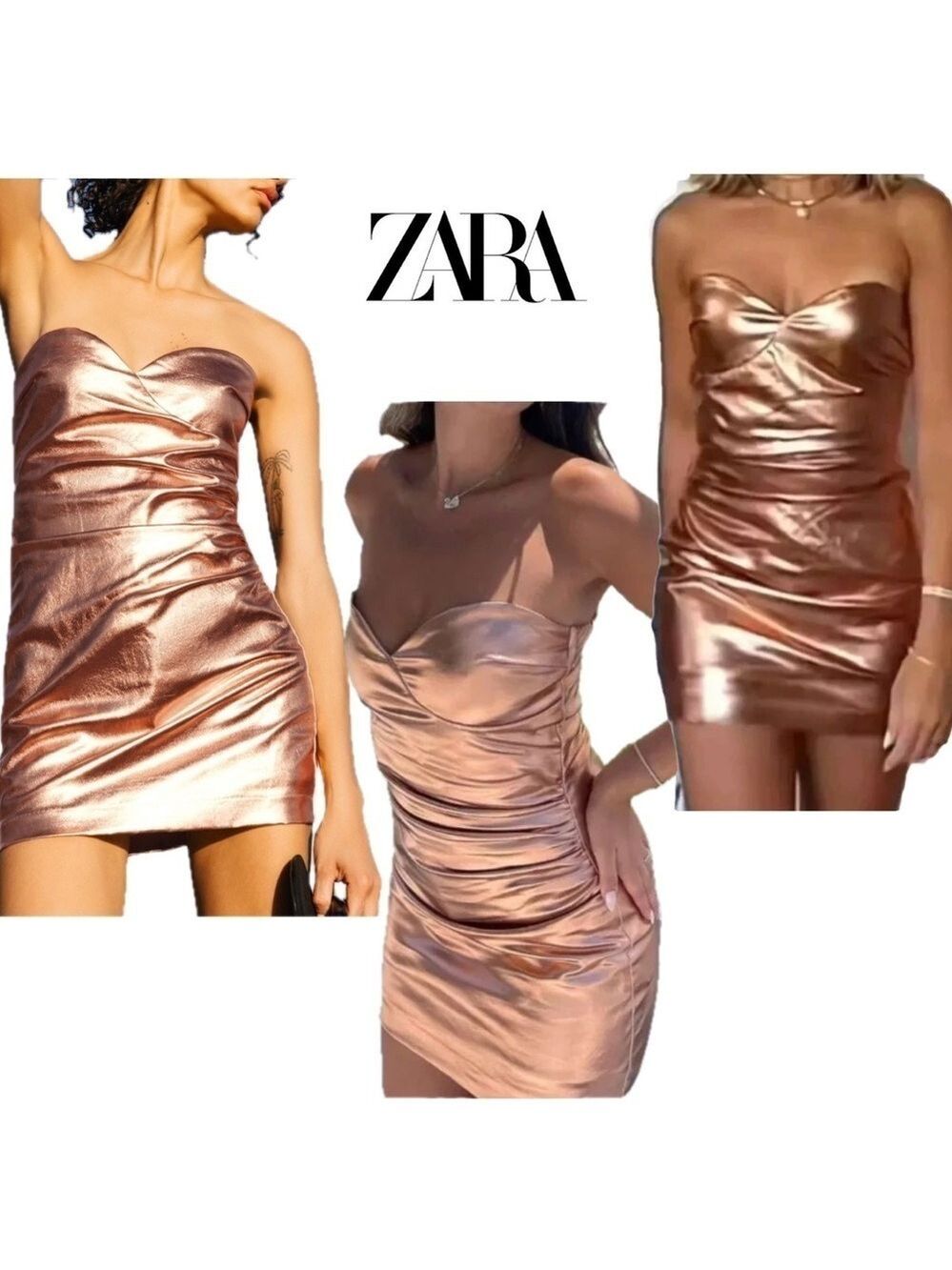 Zara rose gold metallic foil faux leather strapless mini dress bodycon Sz M NWOT